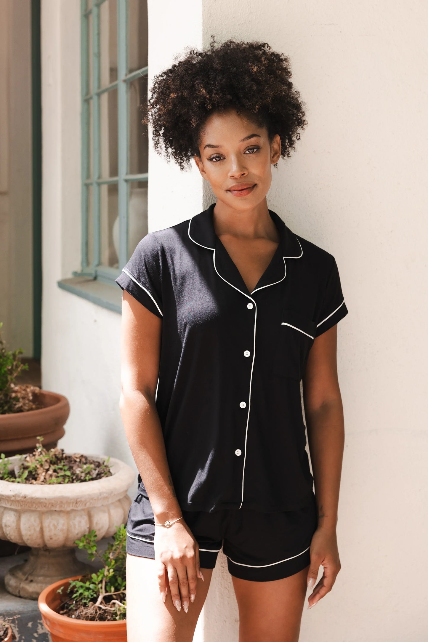 Women’s Short Sleeve Pajama Set in Midnight with Cloud Trim