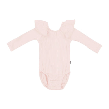 Ribbed Long Sleeve Ruffle Leotard in Blush