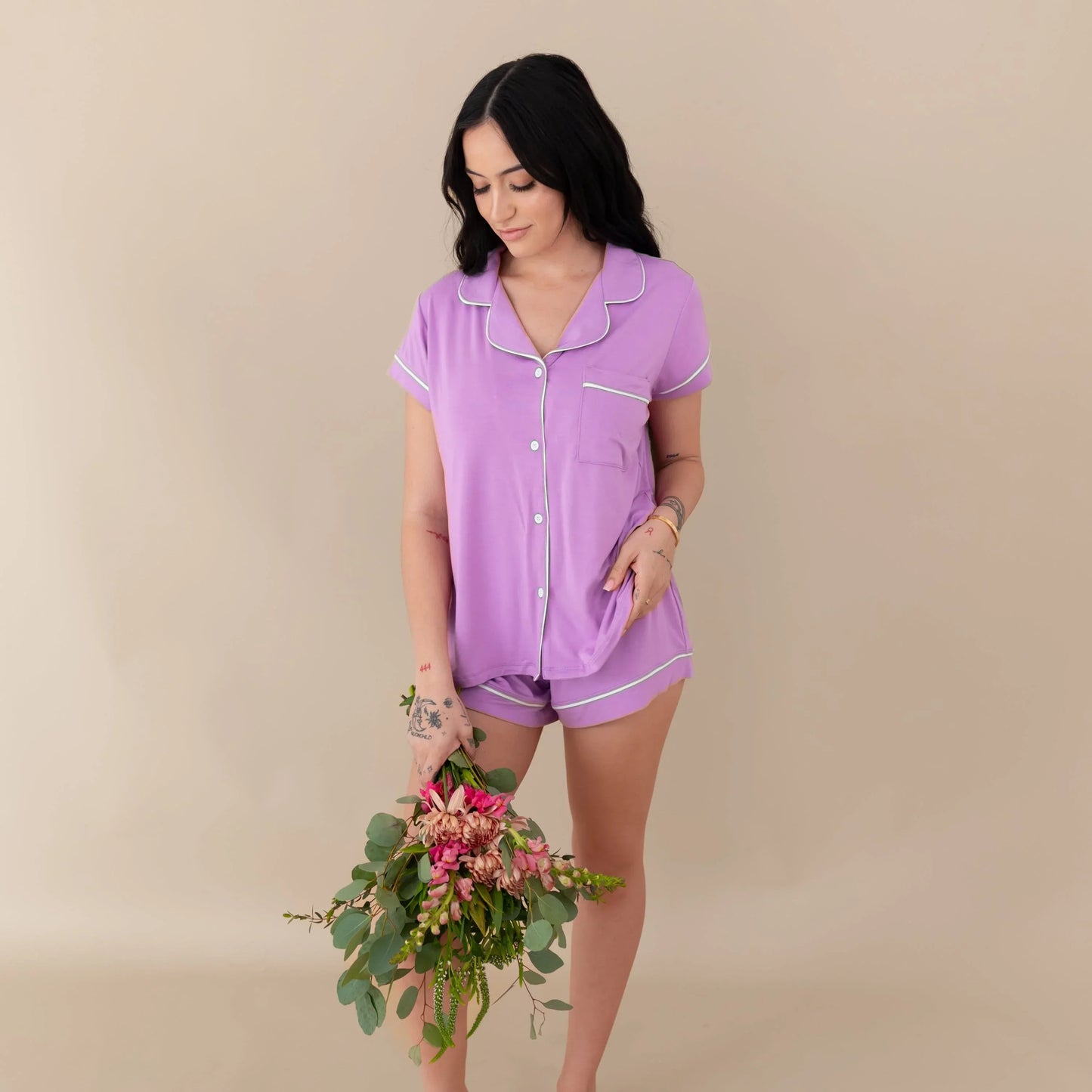 Women’s Short Sleeve Pajama Set in Poi with Cloud Trim