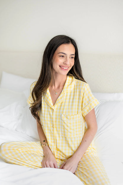 Women's Short Sleeve Cropped Pajama Set in Gingham Chamomile