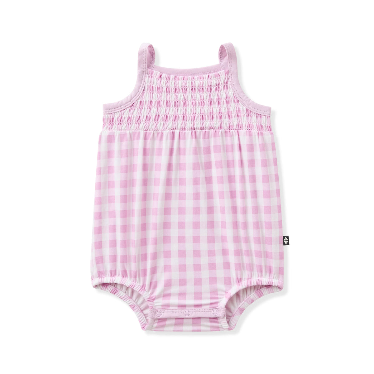Smocked Bubble Romper in Gingham Thistle