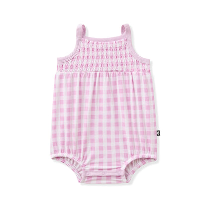 Smocked Bubble Romper in Gingham Thistle