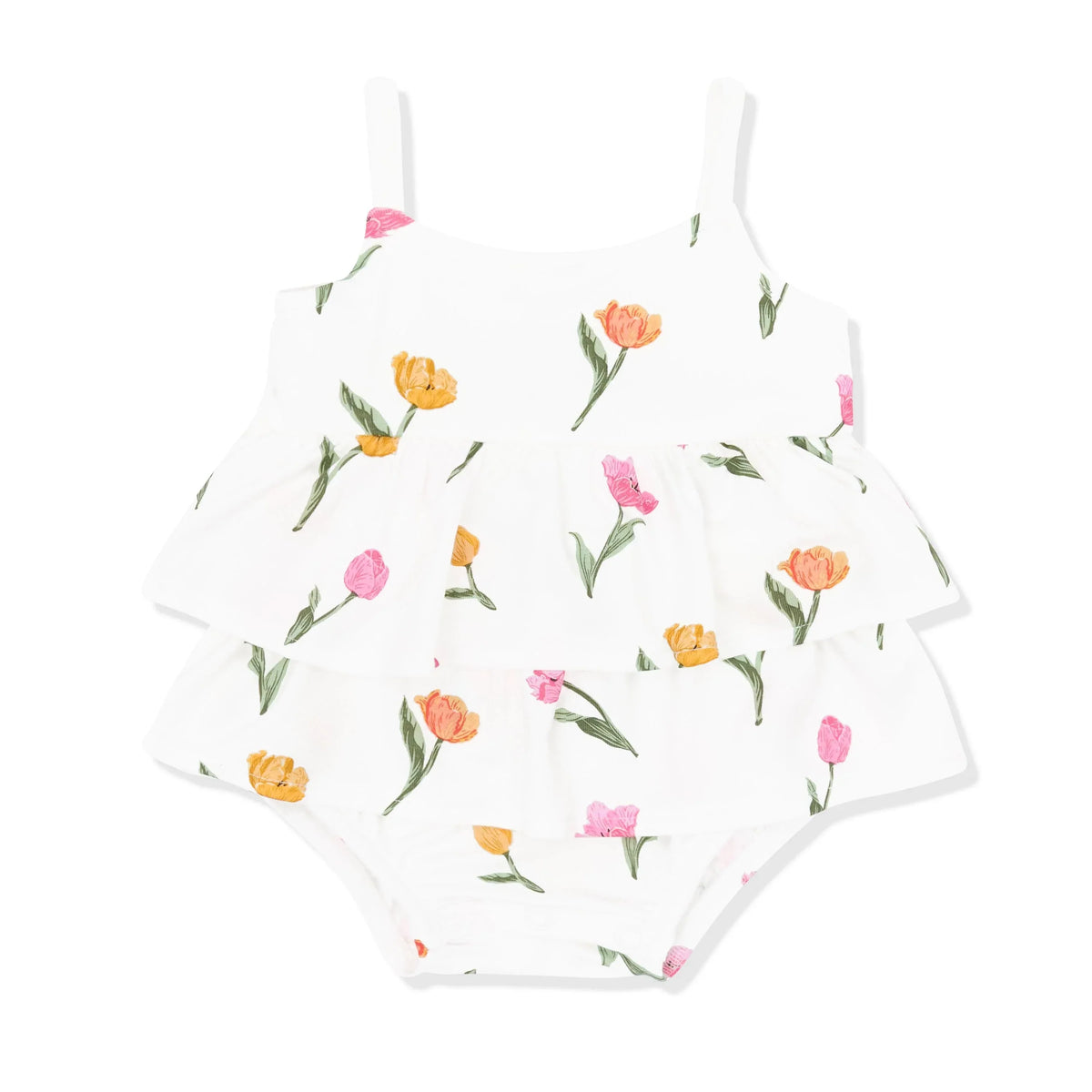 Spaghetti Strap Ruffle Romper in Tulip