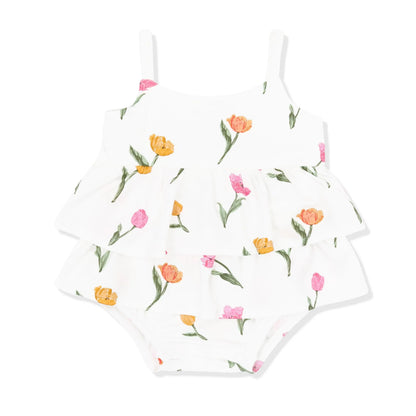 Spaghetti Strap Ruffle Romper in Tulip