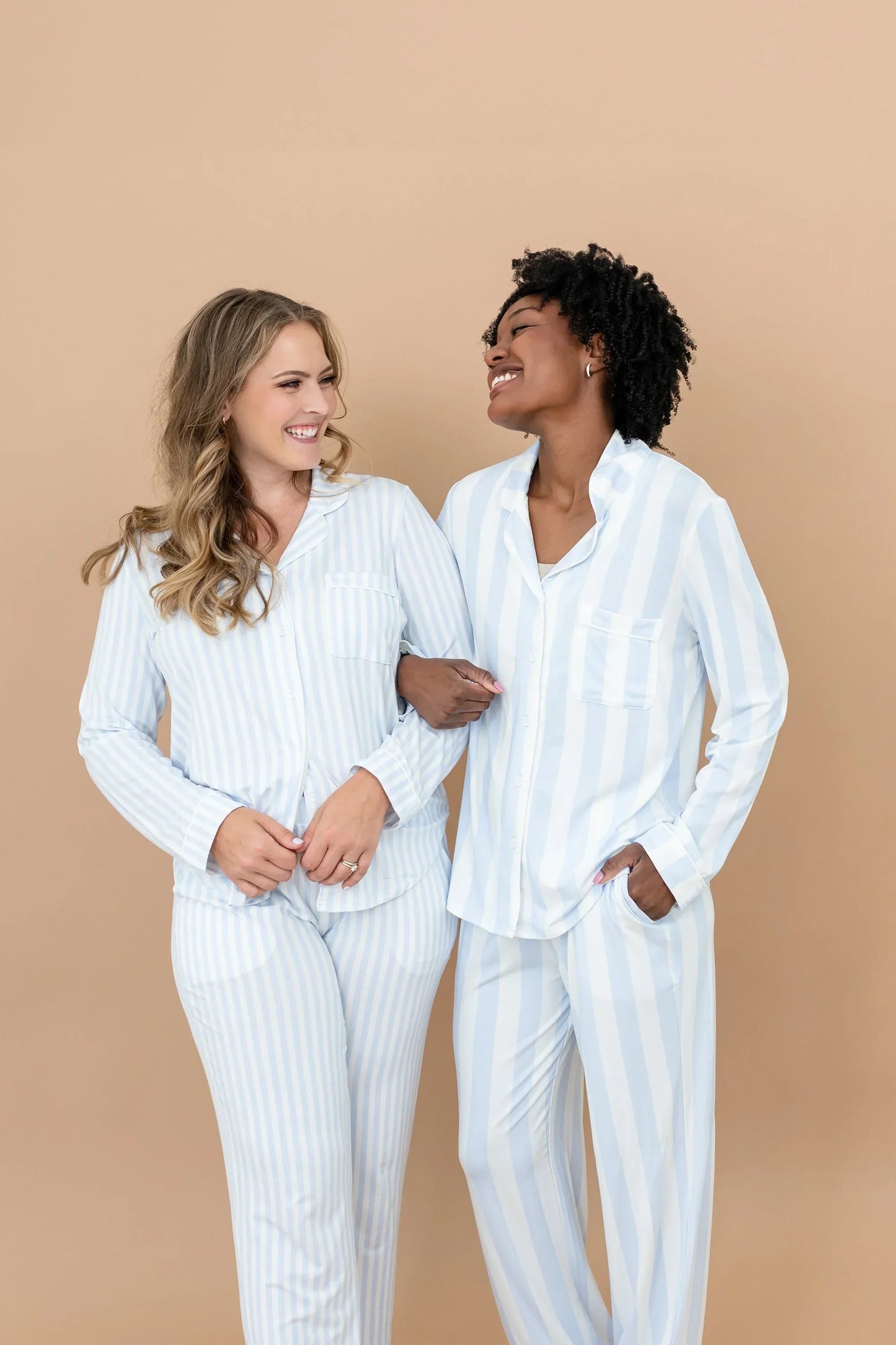 Long-Sleeved Women's Pajama Set in Small Mist Stripe with Cloud Trim
