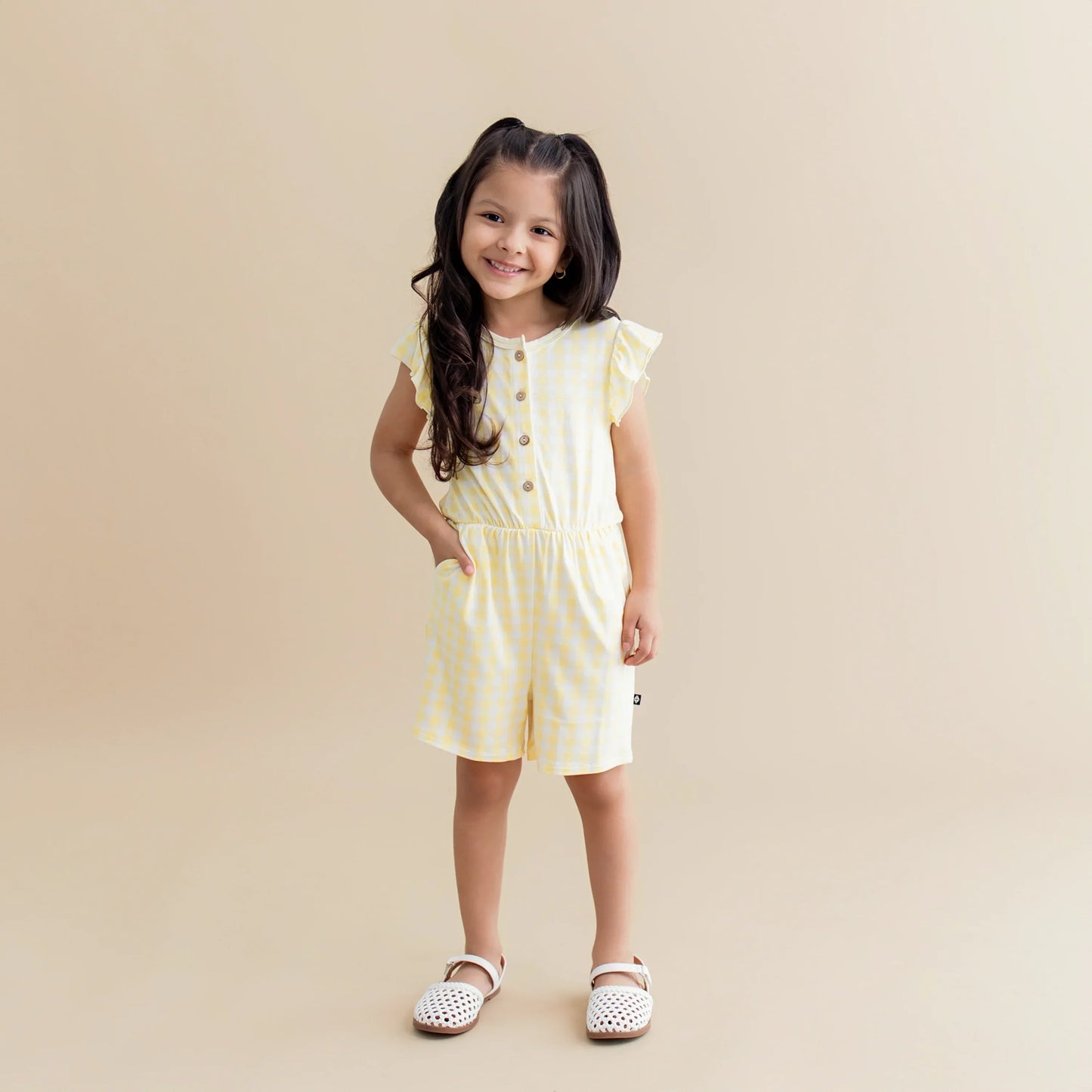 Flutter Sleeve Romper in Gingham Chamomile