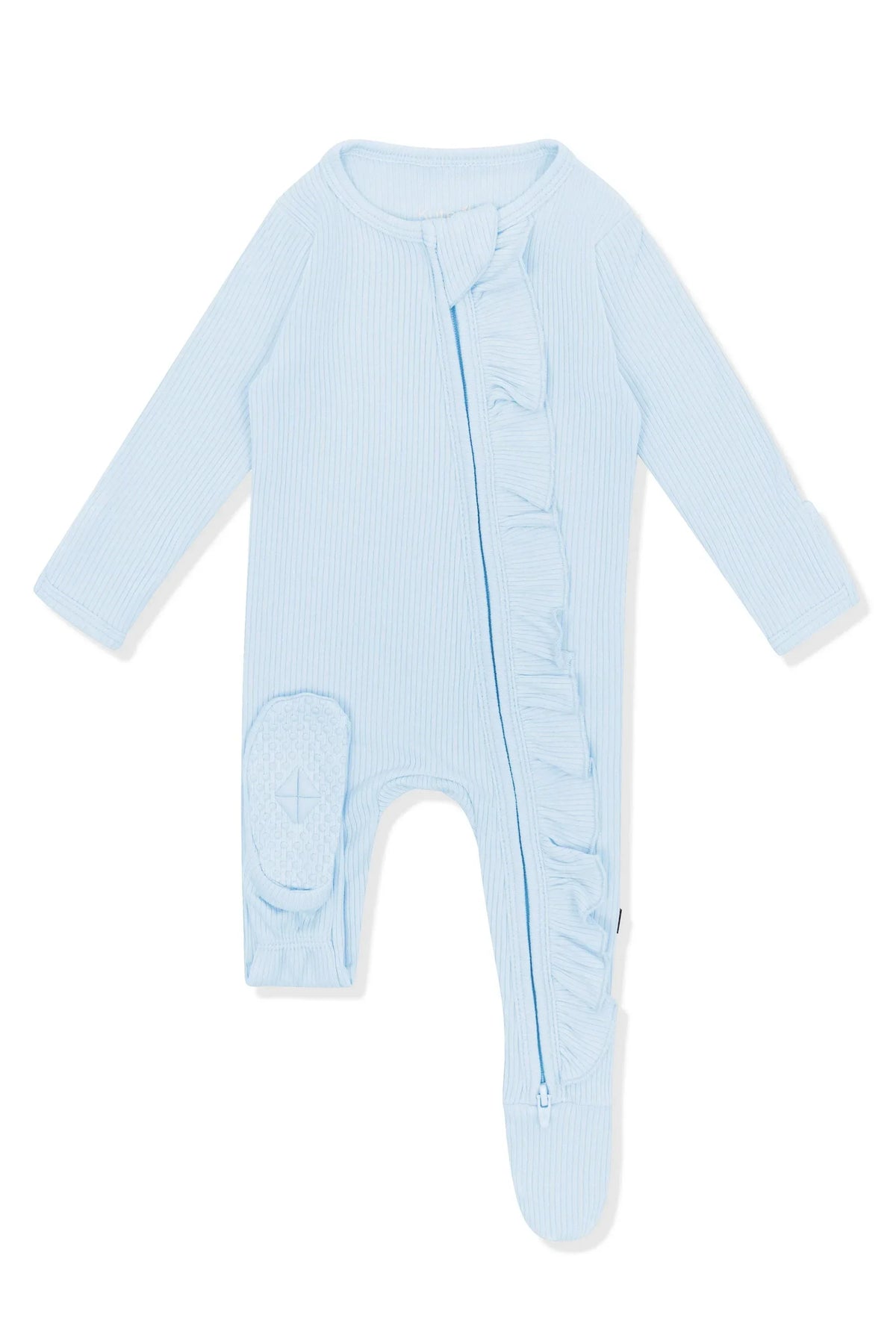 Ribbed Ruffle Zipper Footie in Breeze