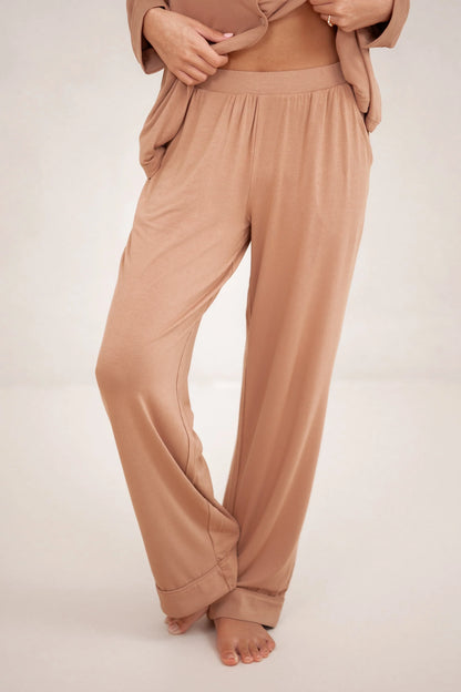 Long-Sleeved Women's Pajama Set in Latte with Latte Trim