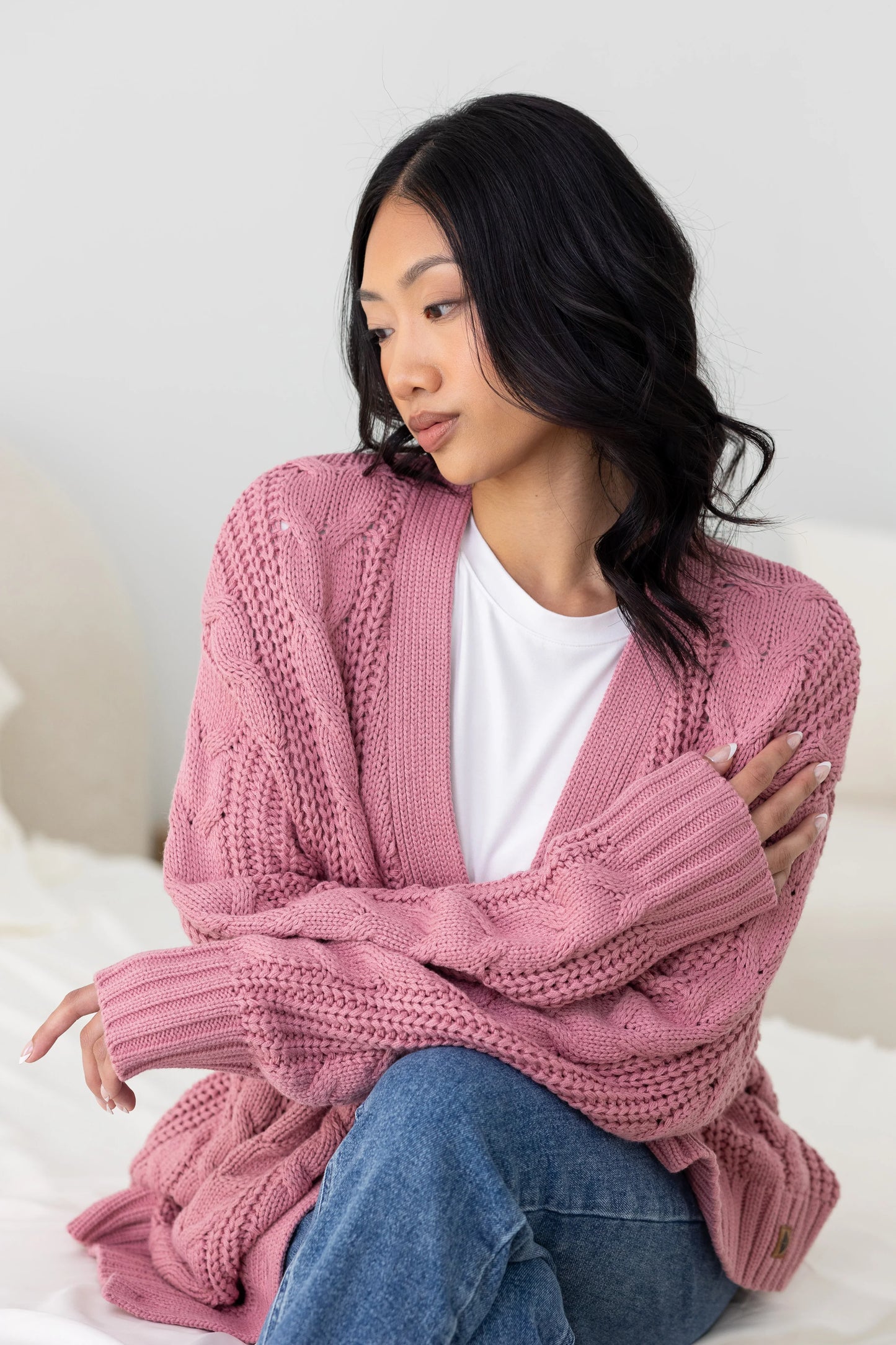 Cable Knit Adult Cardigan in Apple Blossom