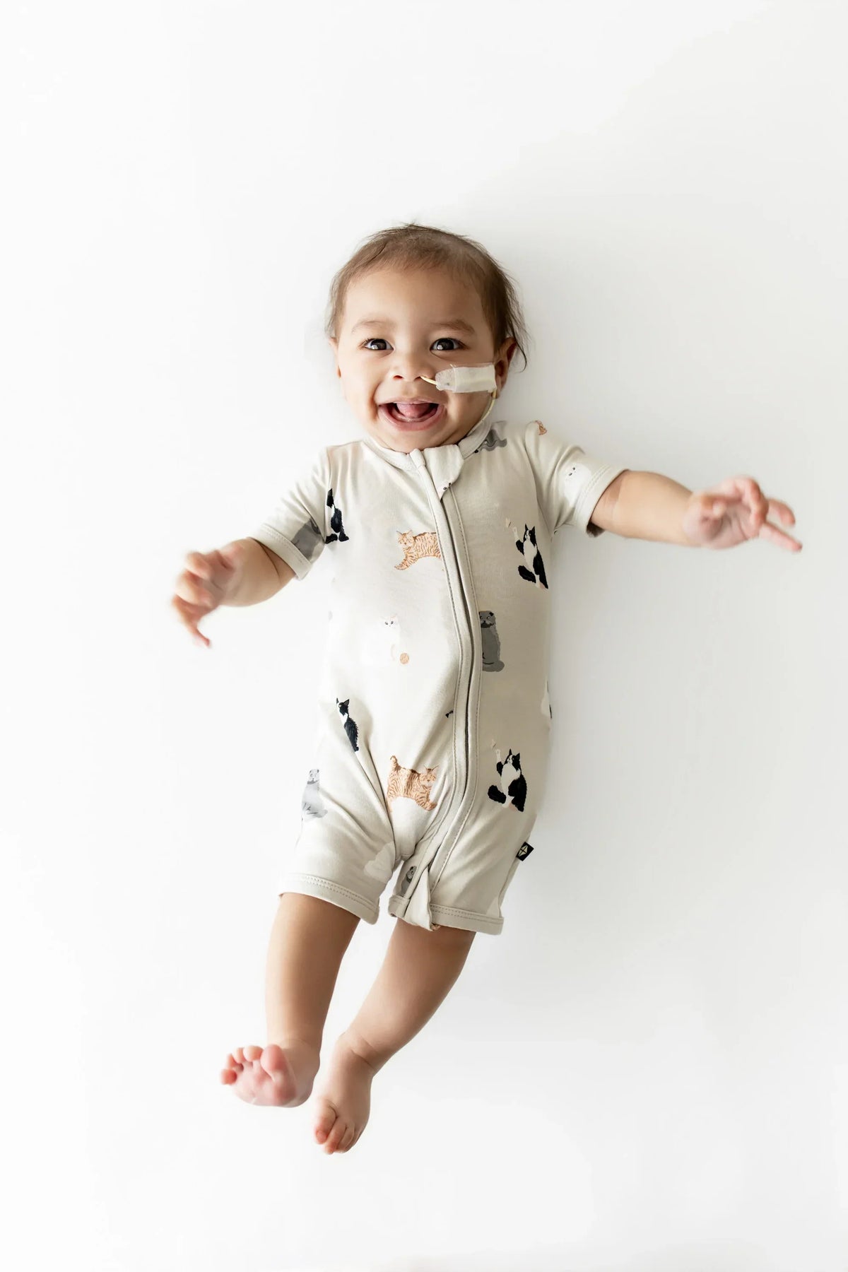 Zipper Shortall Romper in Fluffy Cat