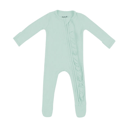 Ribbed Ruffle Zipper Footie in Sage