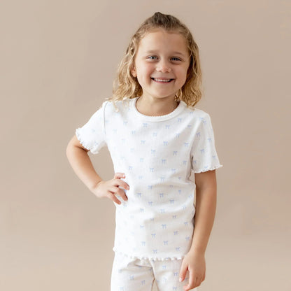 Pointelle Short Sleeve Set in Sweet Blue Bow