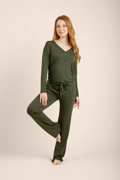 Women's Long Sleeve Henley Tee in Fir