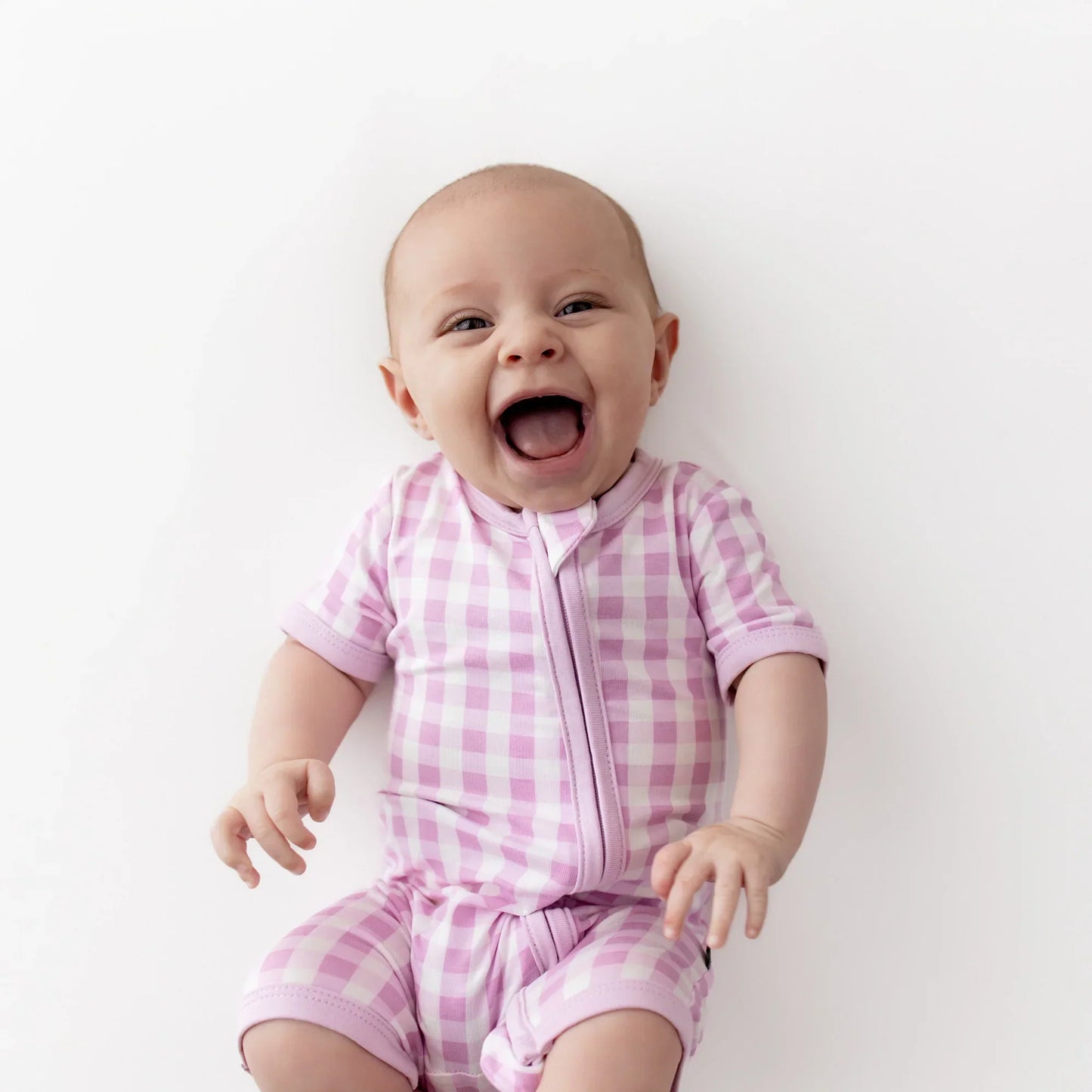 Zipper Shortall Romper in Gingham Thistle