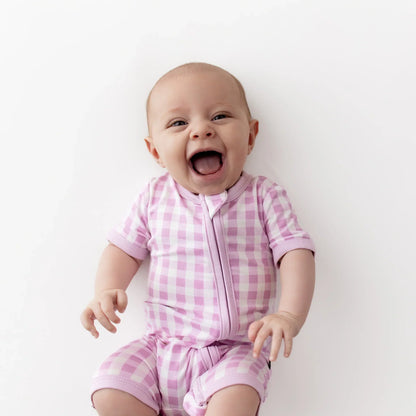Zipper Shortall Romper in Gingham Thistle