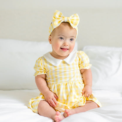Peter Pan Collar Bodysuit Dress in Gingham Chamomile