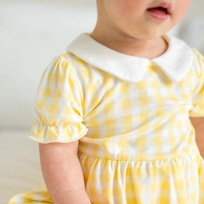Peter Pan Collar Bodysuit Dress in Gingham Chamomile