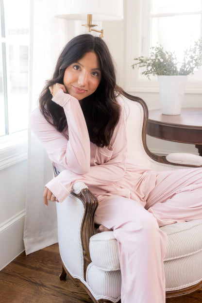 Long-Sleeved Women's Pajama Set in Blush with Cloud Trim