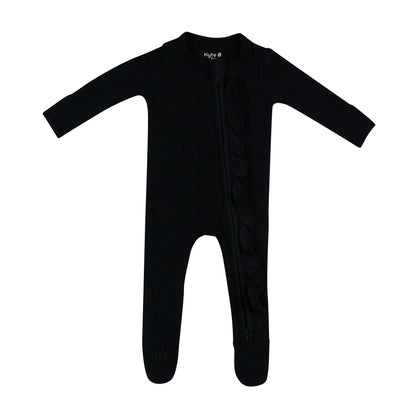 Ribbed Ruffle Zipper Footie in Midnight
