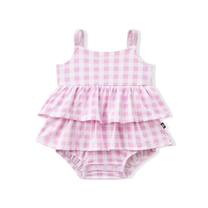 Spaghetti Strap Ruffle Romper in Gingham Thistle
