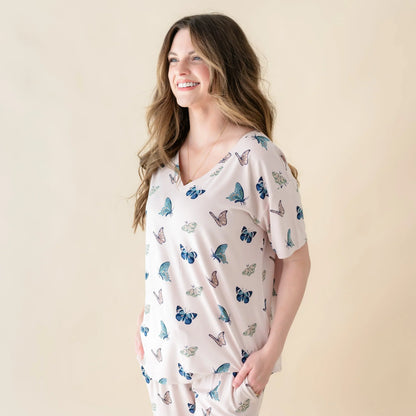Women's Relaxed Fit V-Neck in Blush Butterfly