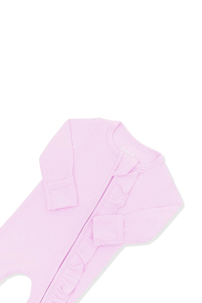Ribbed Ruffle Zipper Footie in Thistle