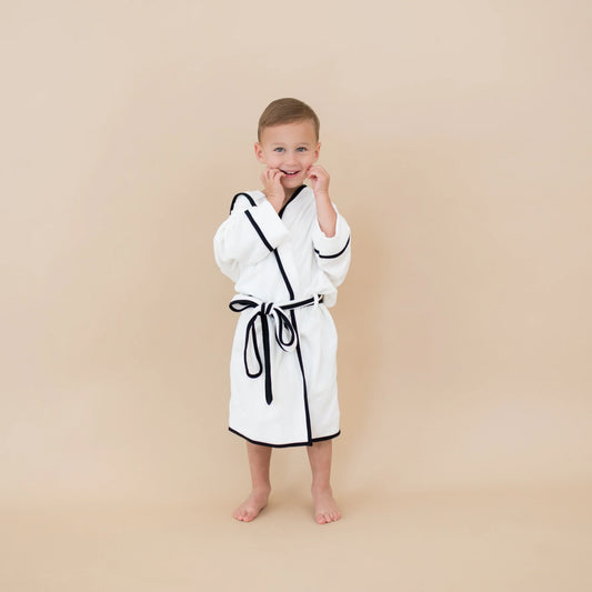 Hooded Bath Robe in Cloud with Midnight Trim