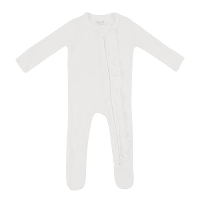 Ribbed Ruffle Zipper Footie in Cloud