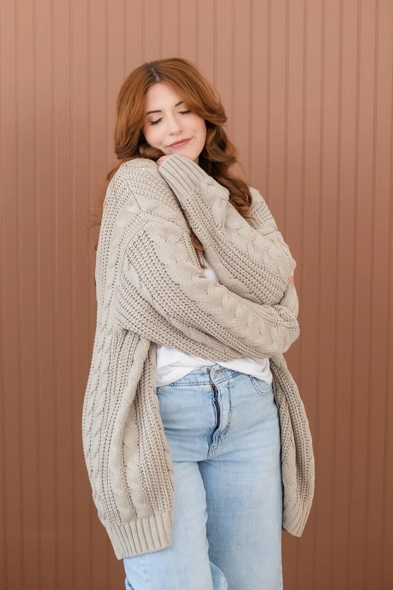 Cable Knit Adult Cardigan in Almond