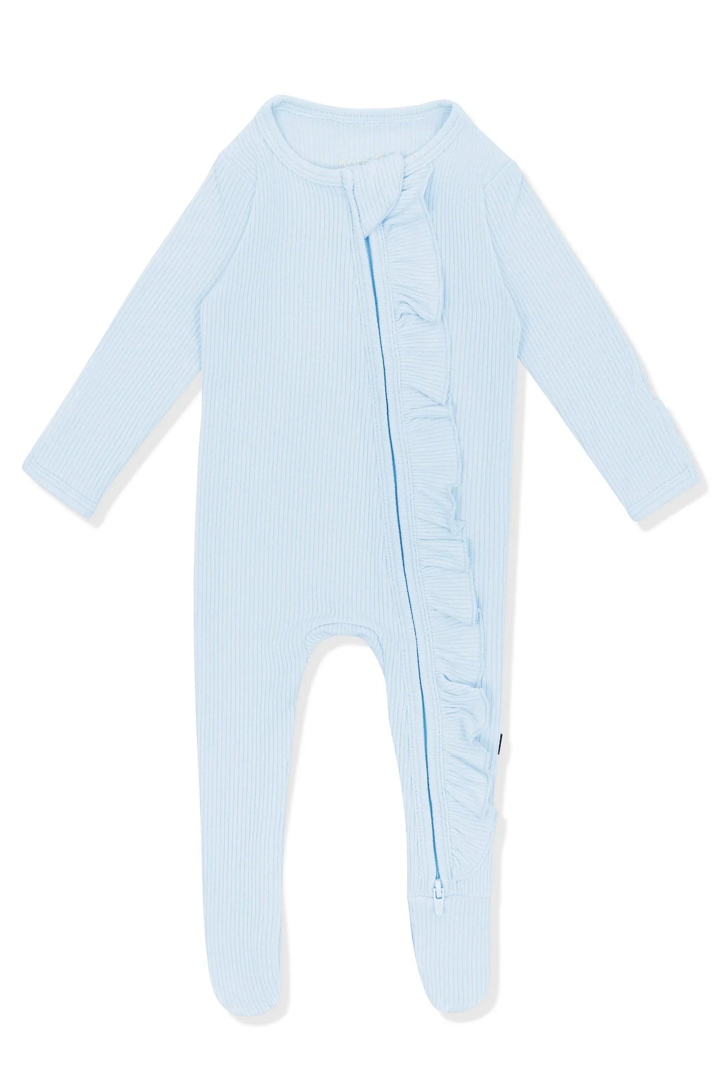 Ribbed Ruffle Zipper Footie in Breeze
