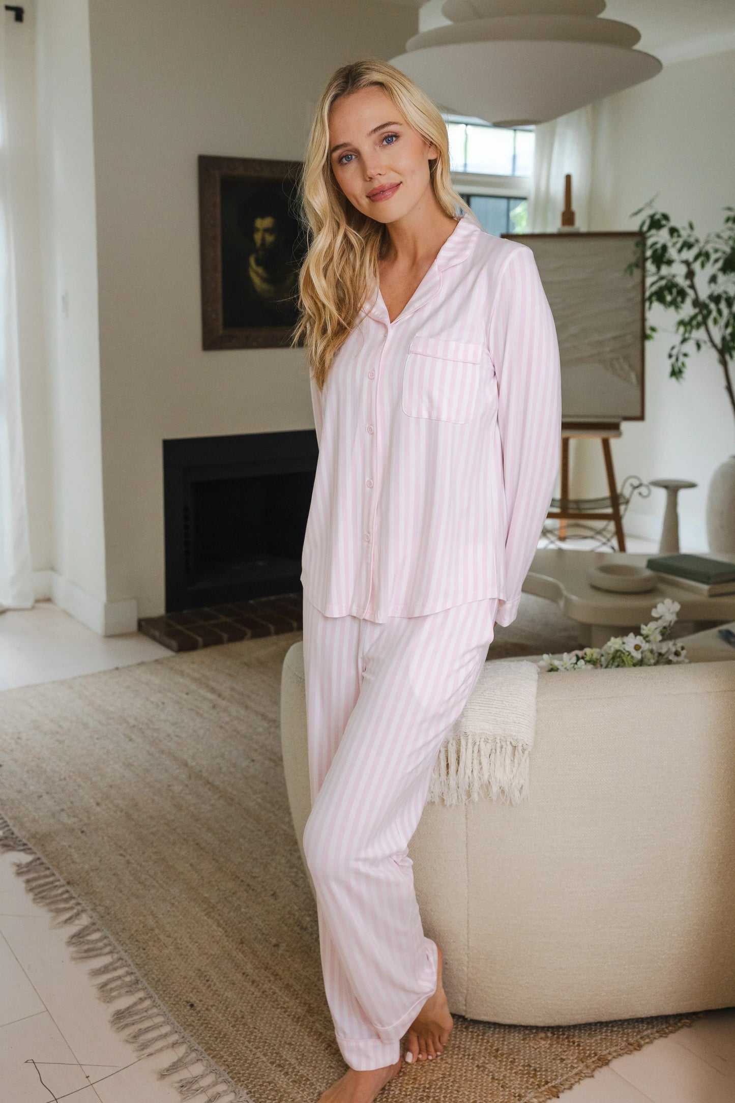 Long-Sleeved Women's Pajama Set in Small Sakura Stripe