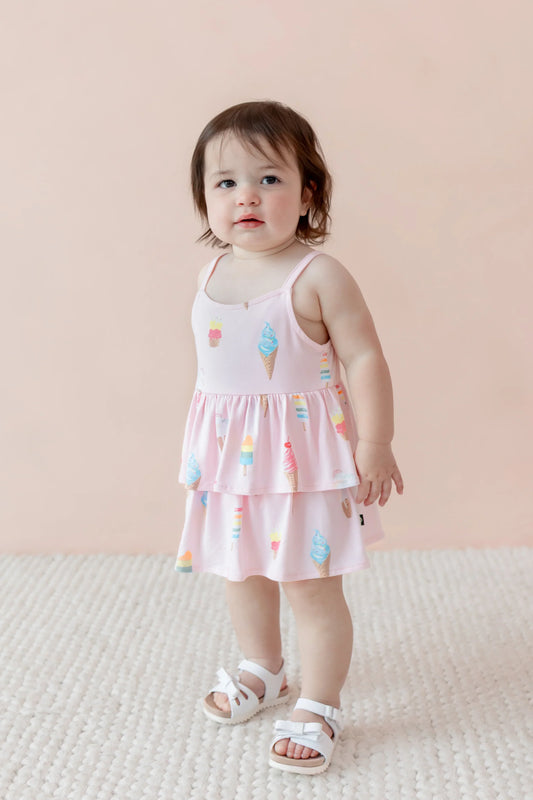 Spaghetti Strap Ruffle Romper in Sakura Ice Cream