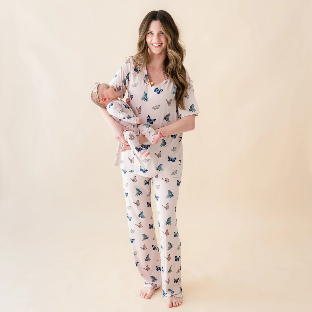 Women's Relaxed Fit V-Neck in Blush Butterfly
