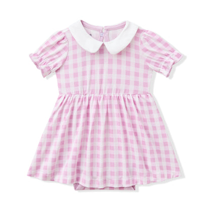 Peter Pan Collar Bodysuit Dress in Gingham Thistle