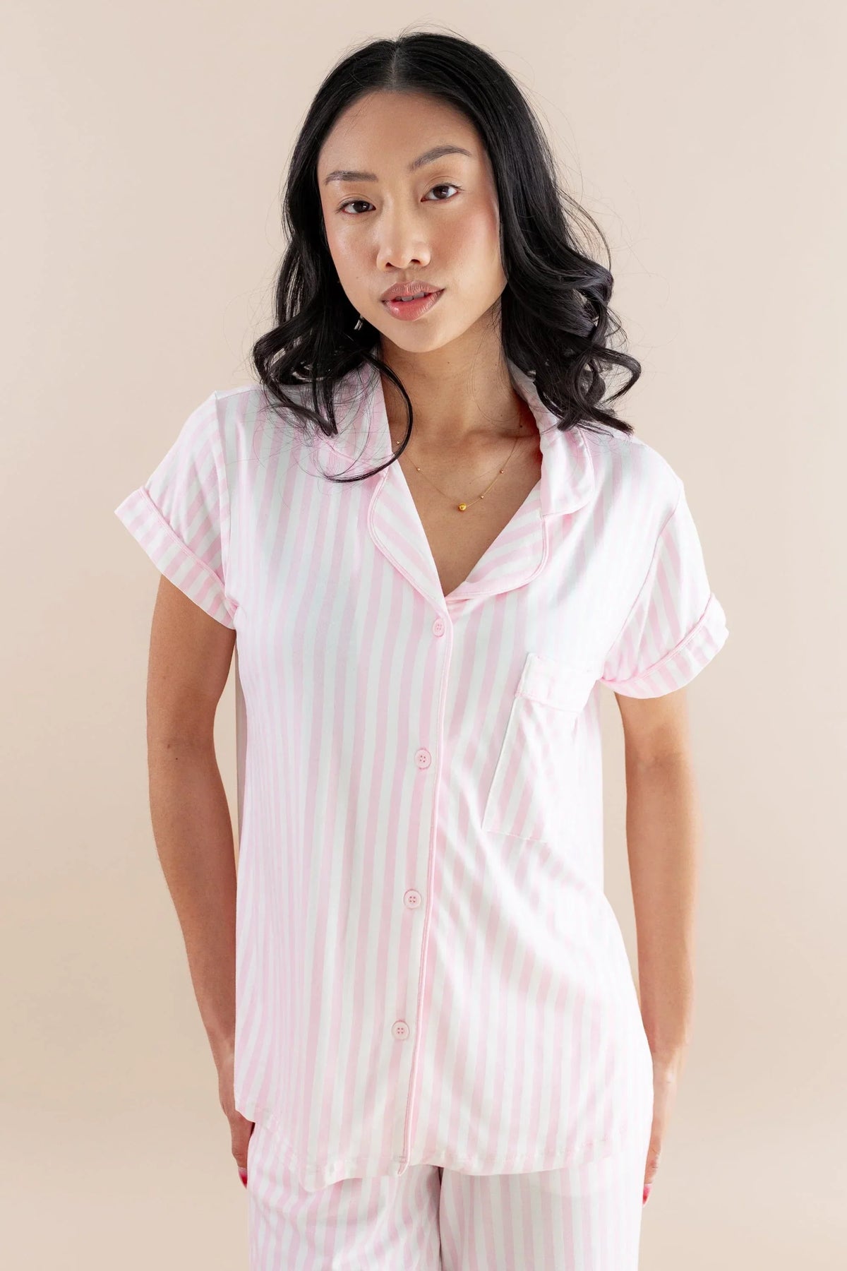 Women's Short Sleeve Cropped Pajama Set in Small Sakura Stripe