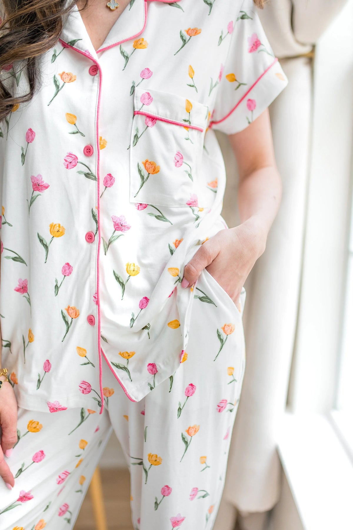 Women's Short Sleeve Cropped Pajama Set in Tulip