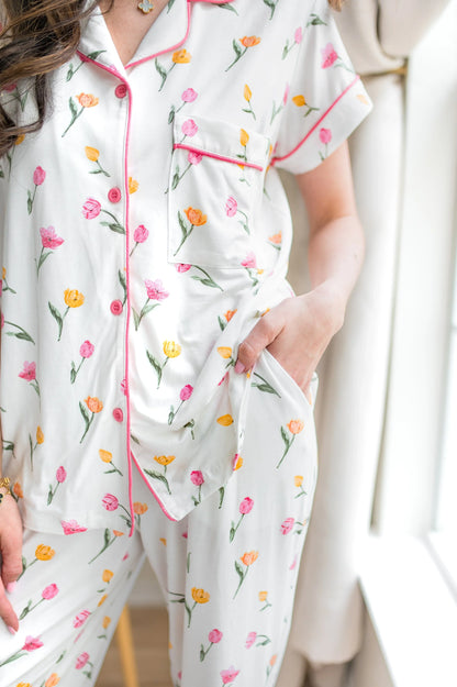 Women's Short Sleeve Cropped Pajama Set in Tulip