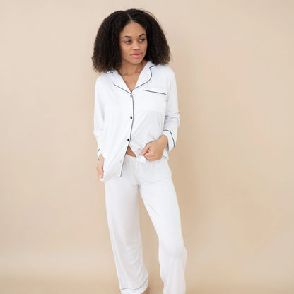 Women's Long Sleeve Pajama Set in Snow with Midnight Trim