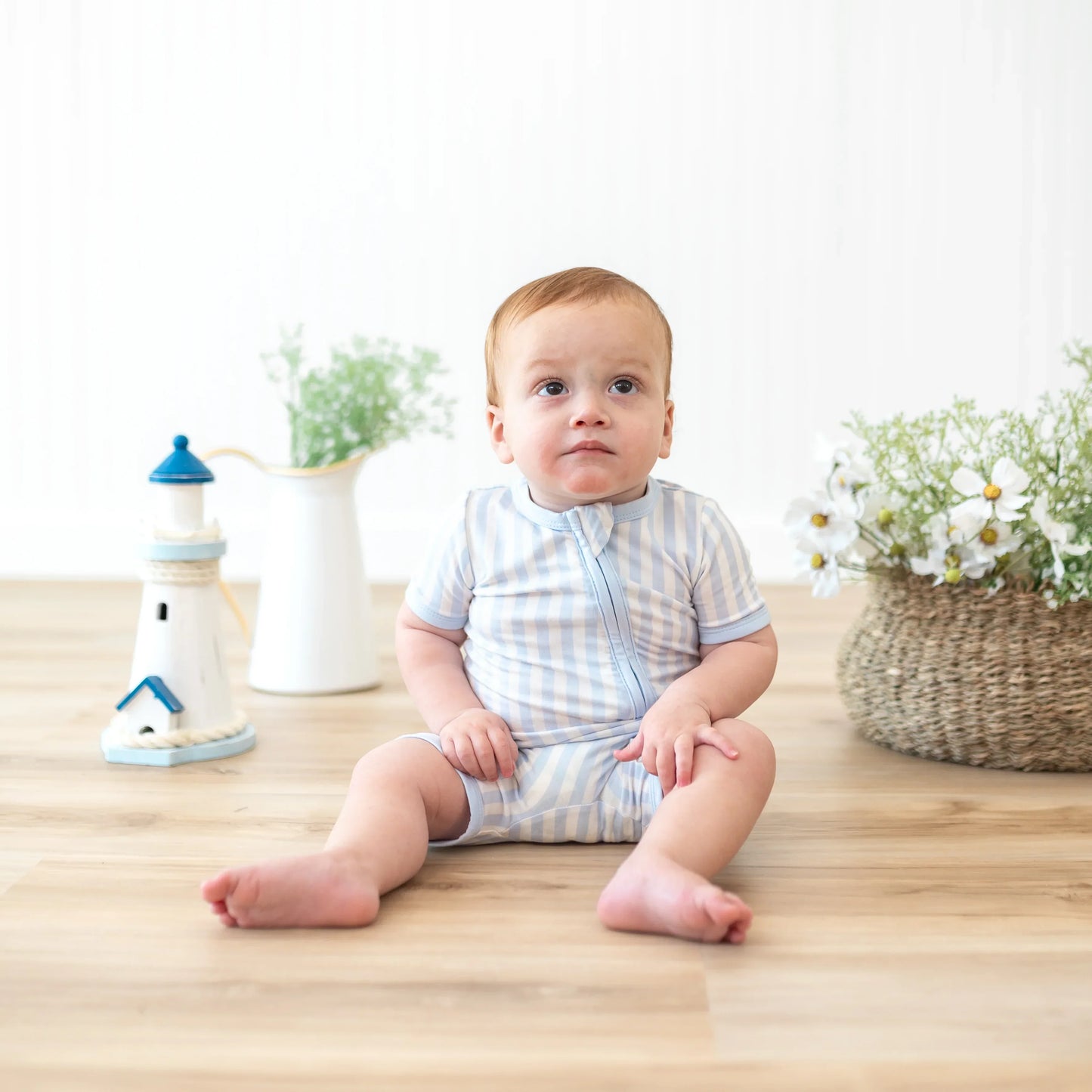 Zipper Shortall Romper in Small Mist Stripe