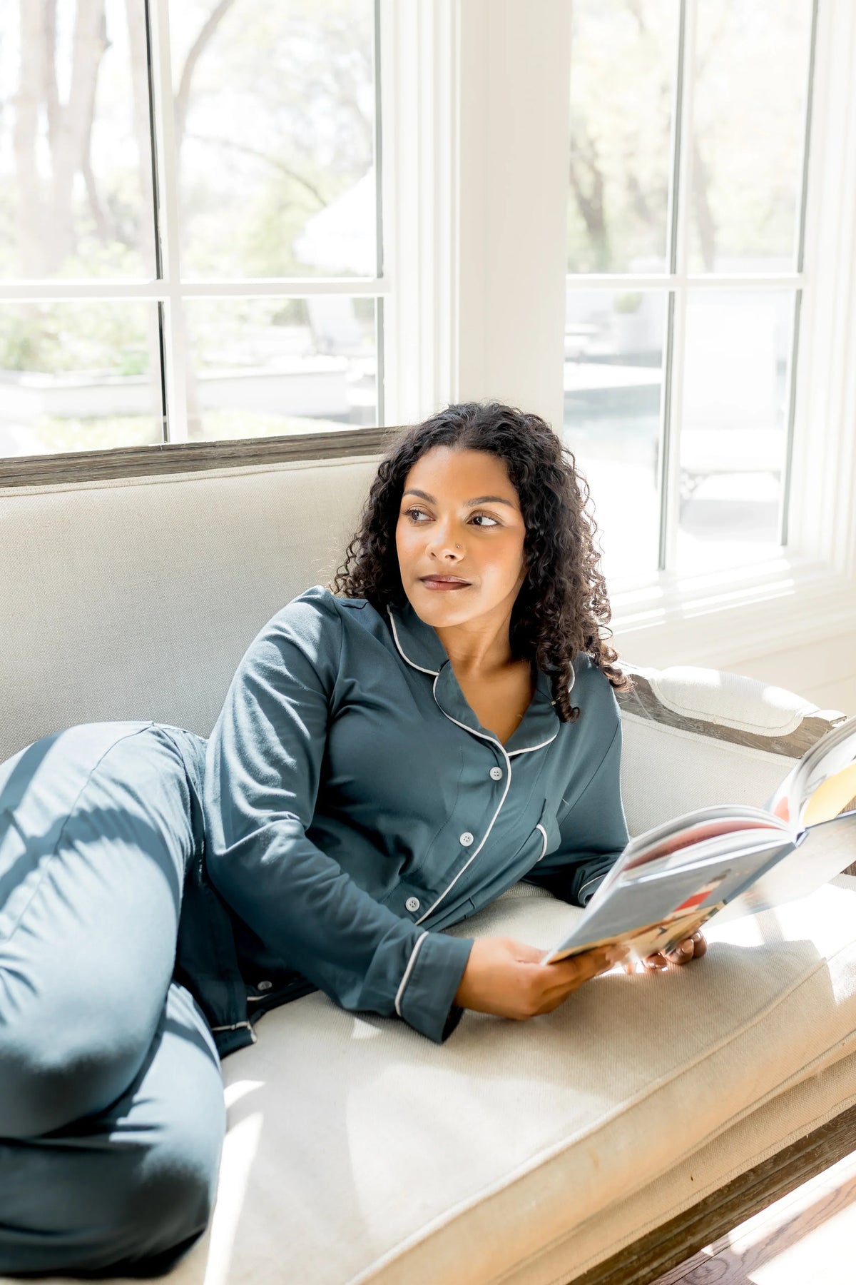 Long-Sleeved Women's Pajama Set in Atlantic with Cloud Trim