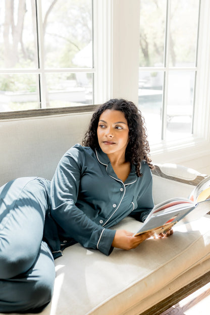 Long-Sleeved Women's Pajama Set in Atlantic with Cloud Trim