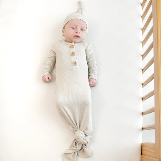 Ribbed Knotted Gown with Hat Set in Oat