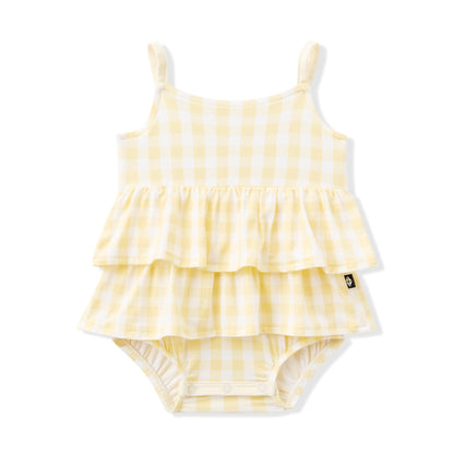 Spaghetti Strap Ruffle Romper in Gingham Chamomile