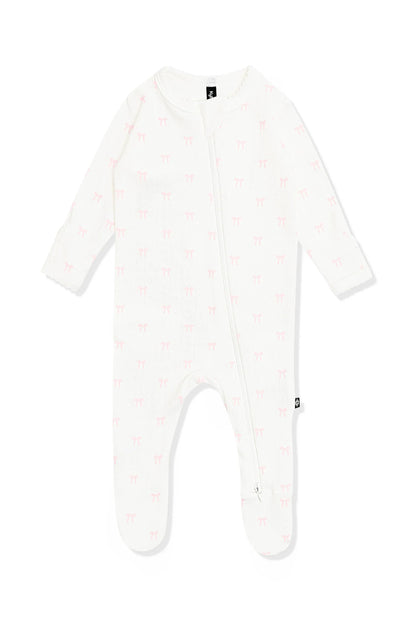 Pointelle Zippered Footie in Sweet Pink Bow