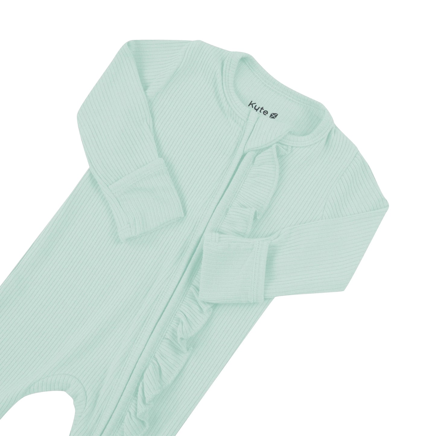 Ribbed Ruffle Zipper Footie in Sage