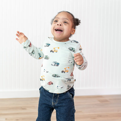 Long Sleeve Toddler Crew Neck Tee in City Vehicles
