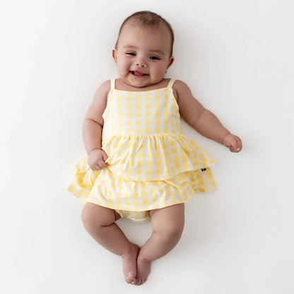 Spaghetti Strap Ruffle Romper in Gingham Chamomile