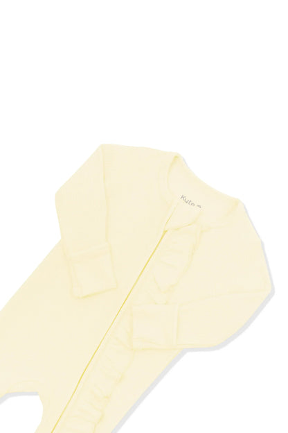 Ribbed Ruffle Zipper Footie in Chamomile