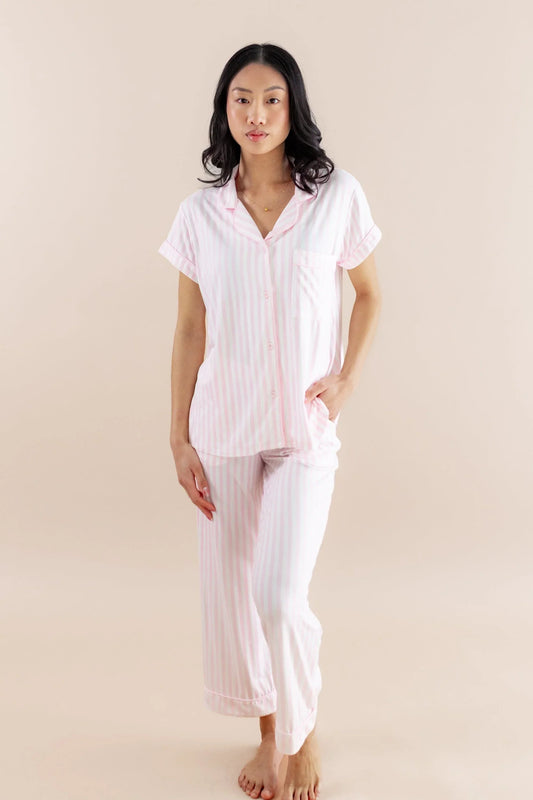 Women's Short Sleeve Cropped Pajama Set in Small Sakura Stripe