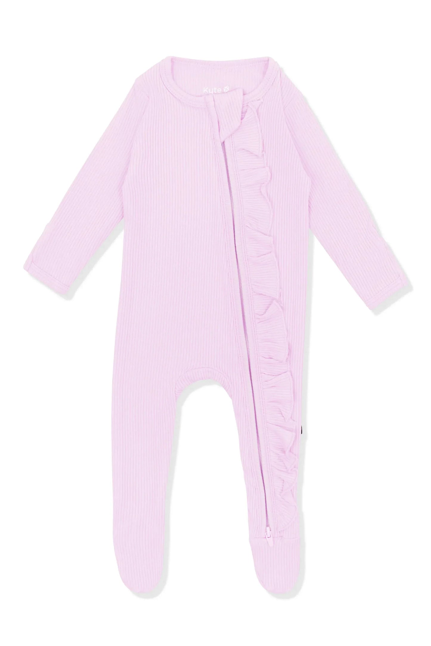 Ribbed Ruffle Zipper Footie in Thistle
